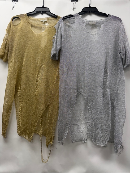 Sweaters - Distressed Metallic Knit Tunic Sweater - Gold and Silver reads as a XL